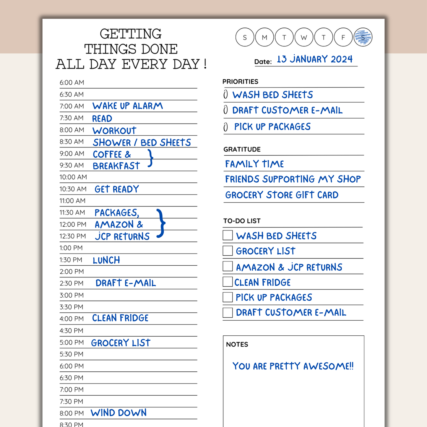 Daily Plan 30-Minute Increments
