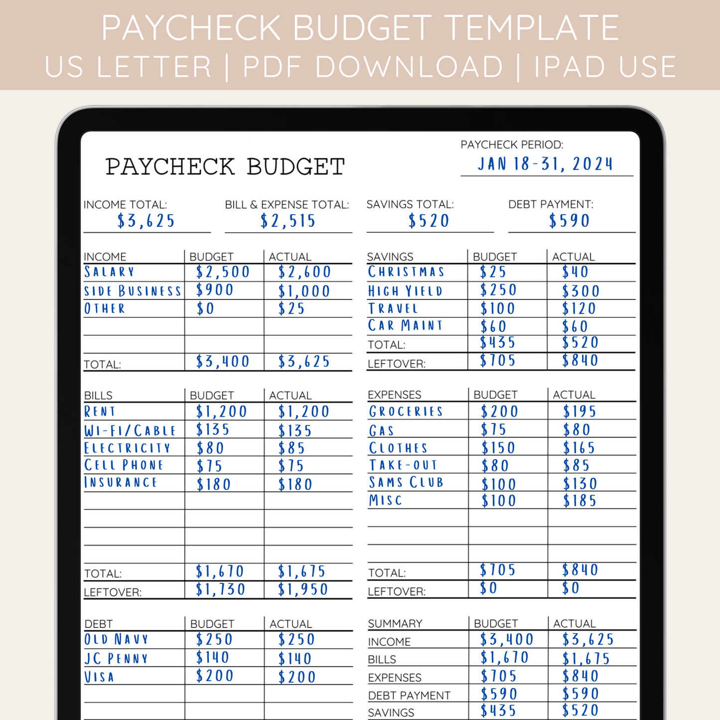 MINIMAL Paycheck Budget and Expense Tracker Template | PDF Download