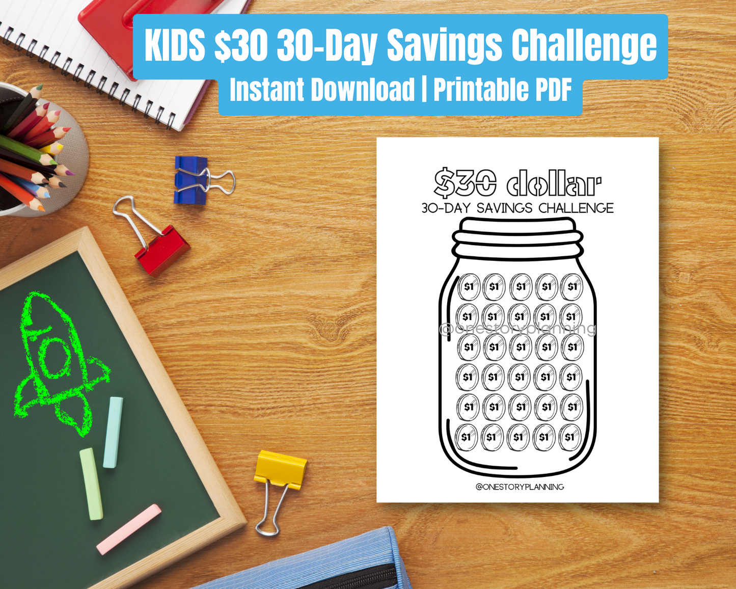 KIDS $30 - 30 Day Jar Savings Challenge | Printable PDF